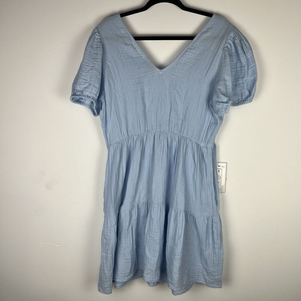 NWT Gap Crinkle Gauze Blue Puff Sleeve Tiered Mini Dress Size Large Boho - Picture 5 of 7